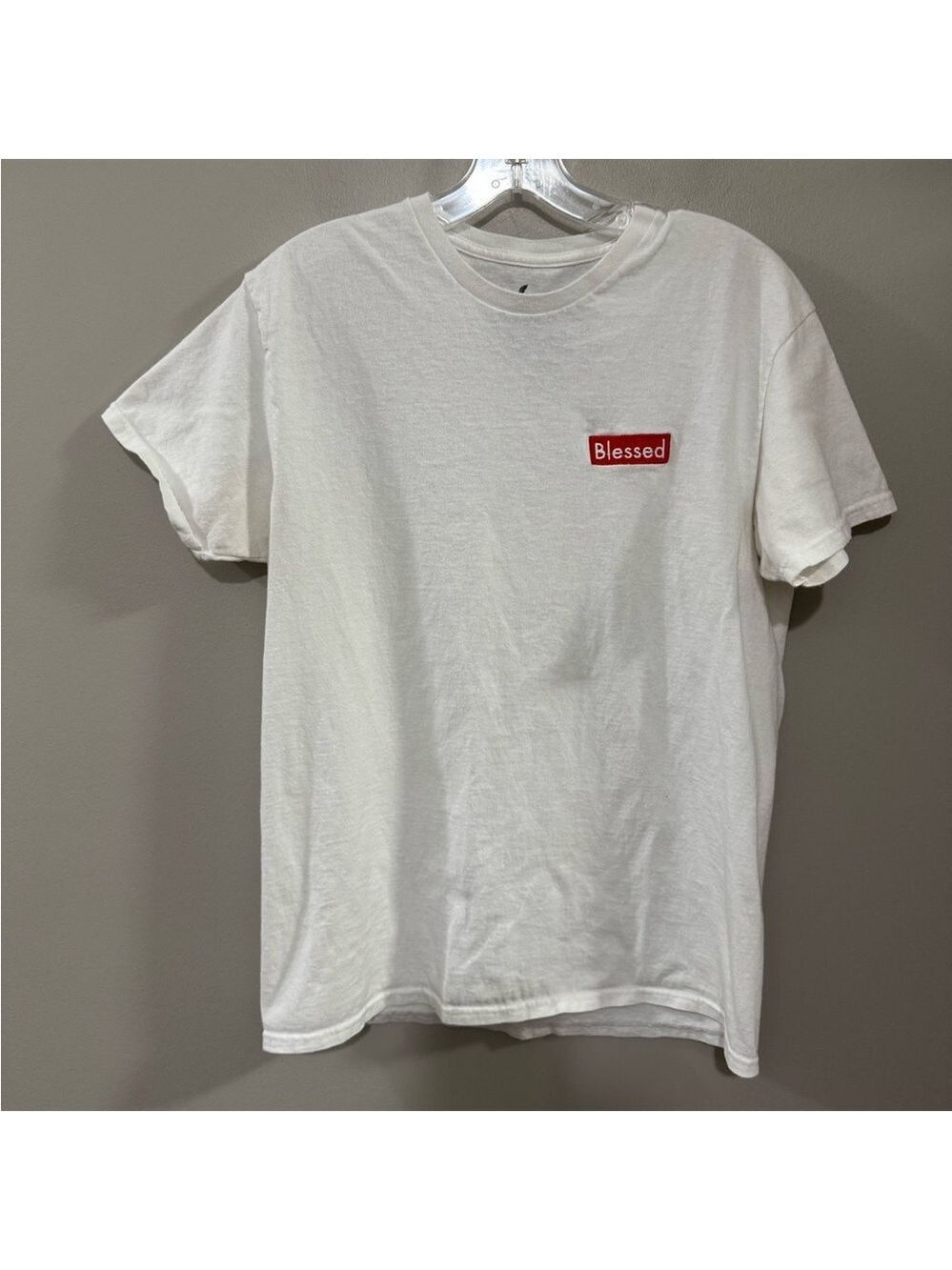 Men's Vibe White Short Sleeve Tee with Blessed Minimalist Design. Size Medium